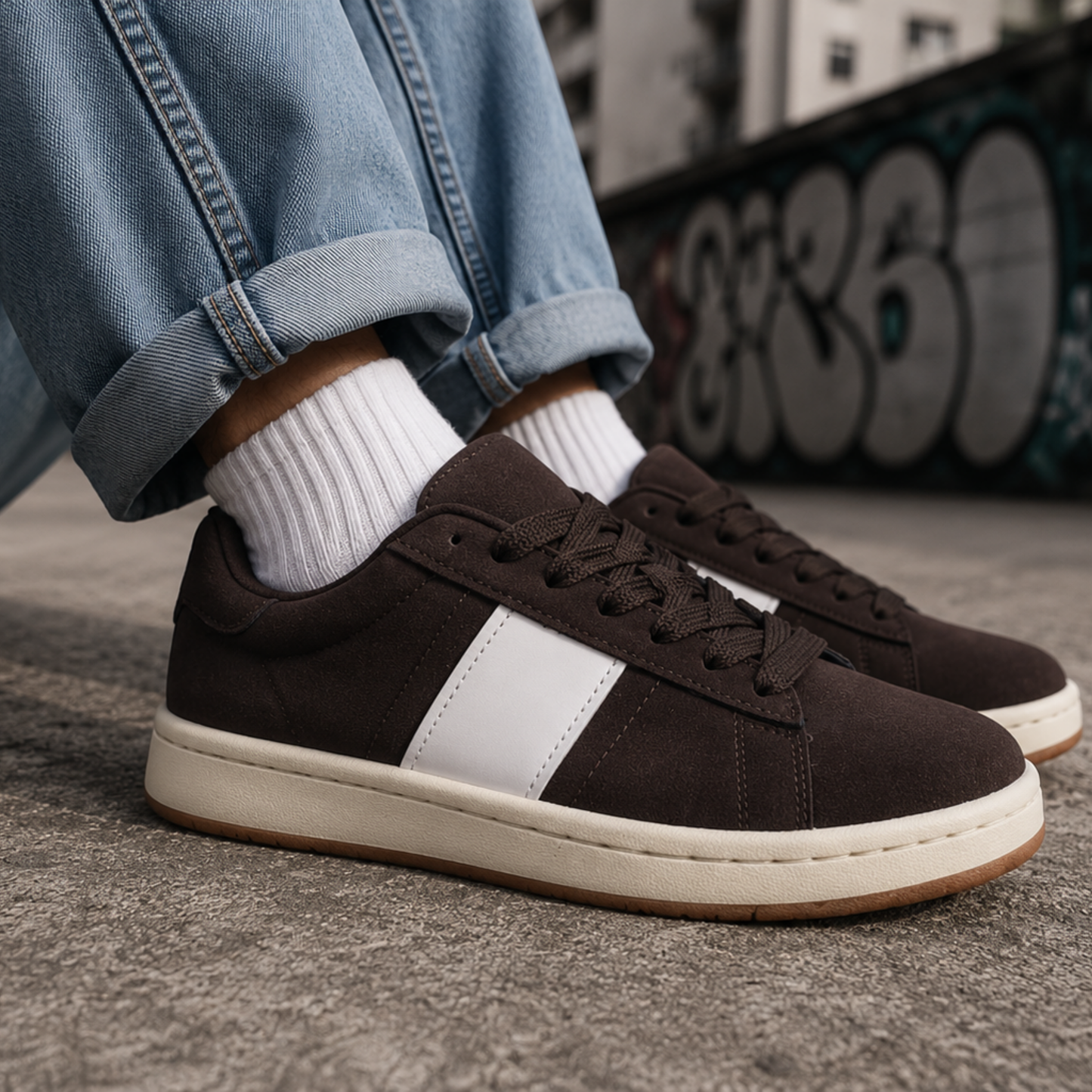 Zapatillas urbanas color chocolate para mujer usadas en look casual