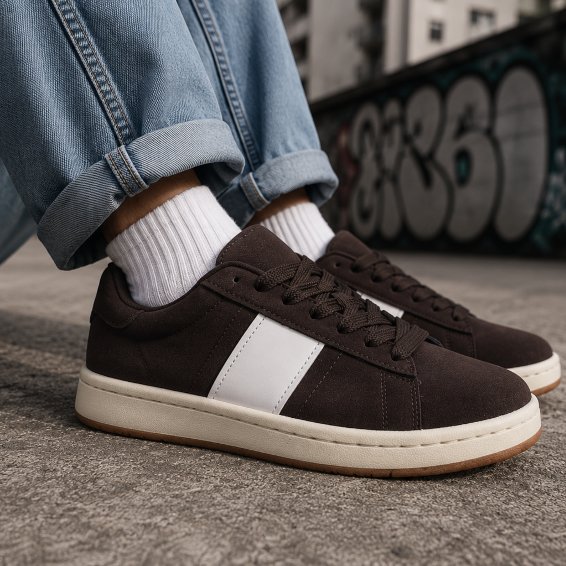 Zapatillas urbanas color chocolate para mujer usadas en look casual