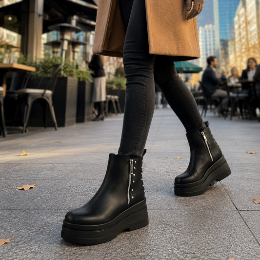 Botín mujer Verona negro con plataforma urbana usado en look casual de otoño e invierno.