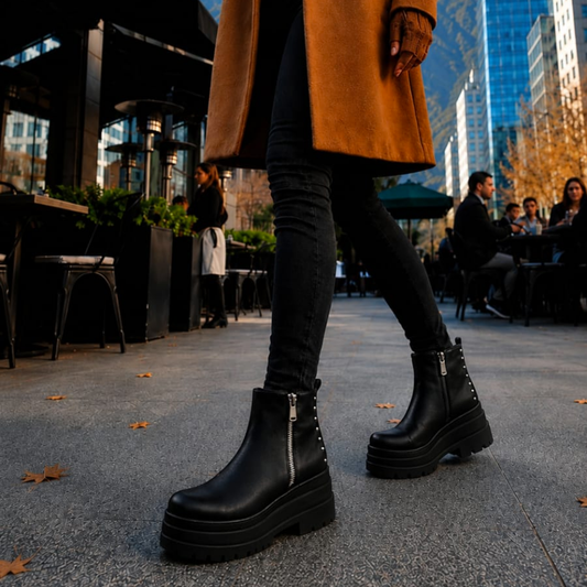 Botín mujer Verona negro con plataforma urbana usado en look casual de otoño e invierno.