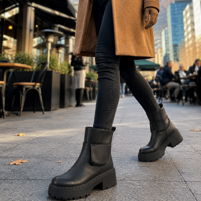Botín negro mujer Palermo usado en outfit urbano moderno