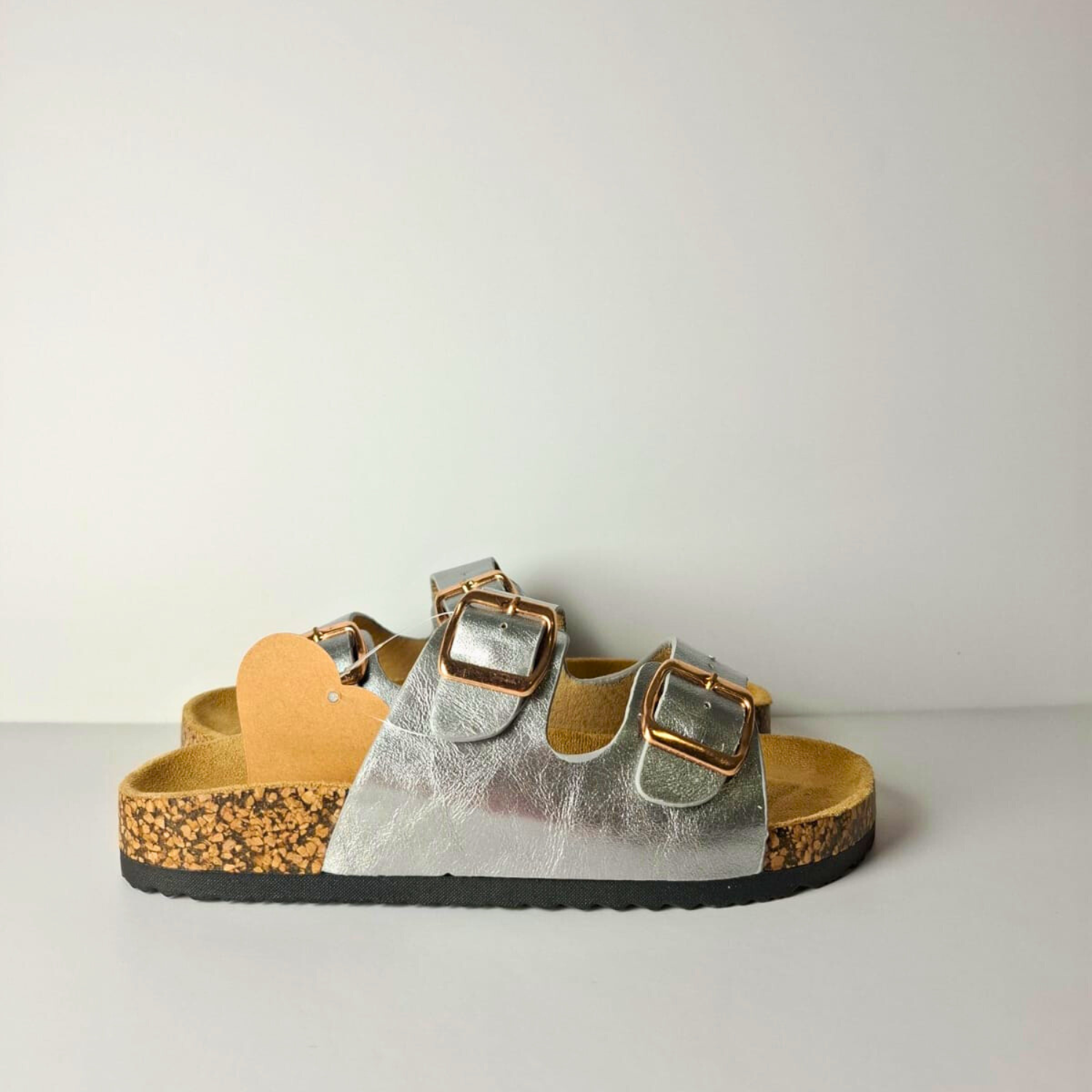 Sandalia confort plateada con doble hebilla para  mujer-Vime Moda