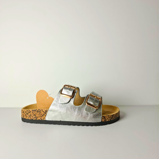 Sandalia confort plateada con doble hebilla para  mujer-Vime Moda