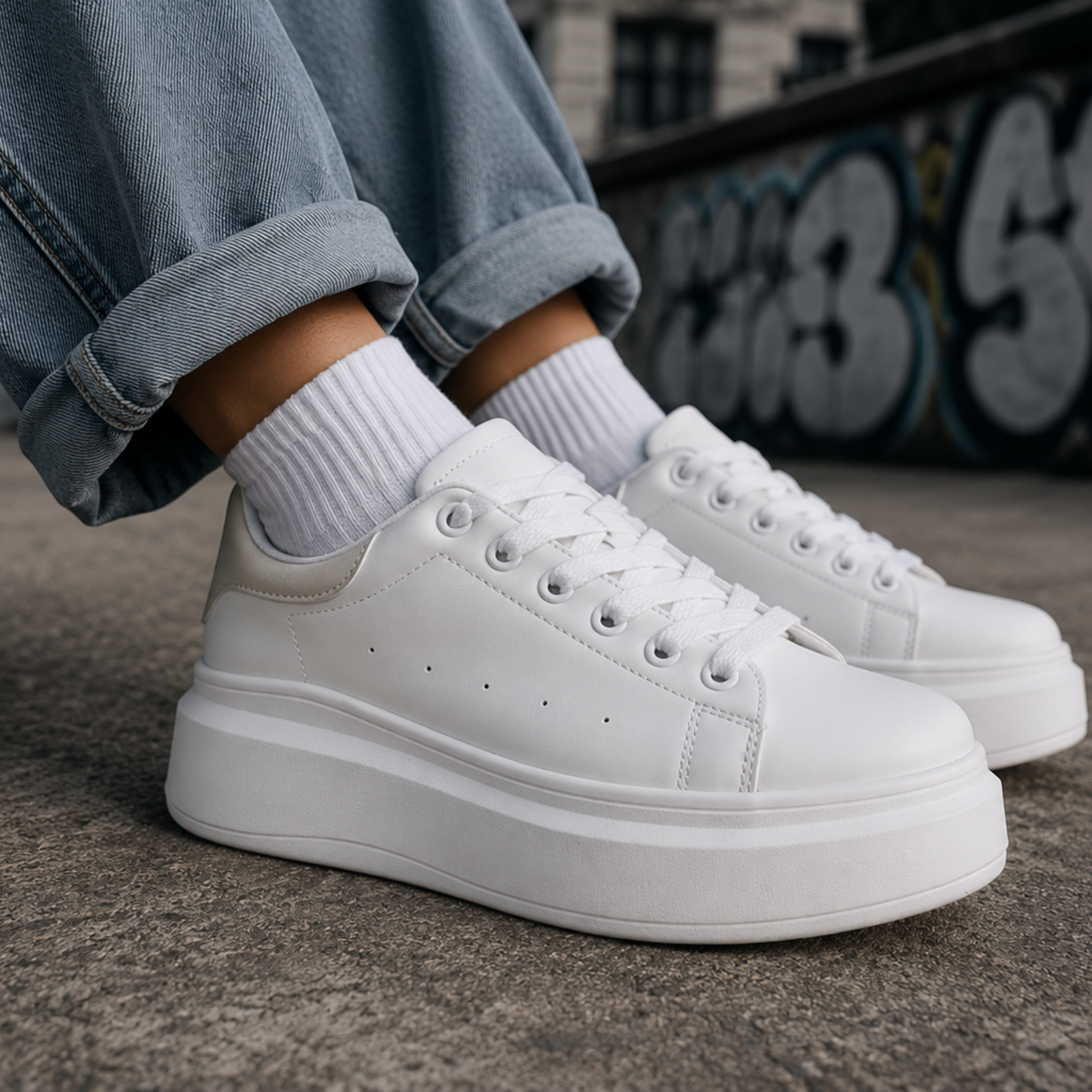 Zapatilla blanca mujer Gold usada en look urbano moderno