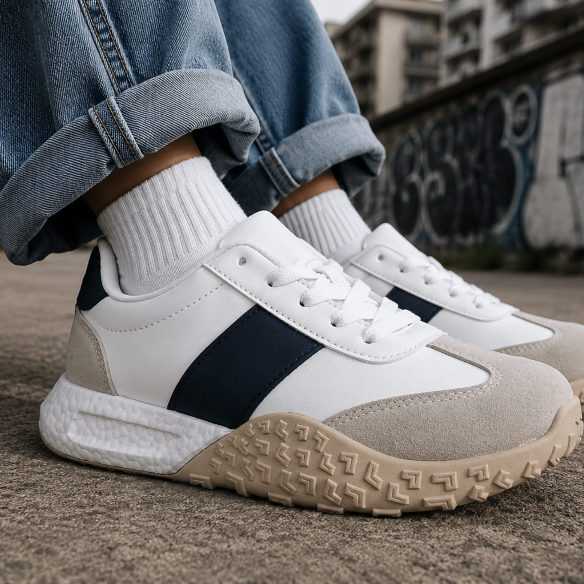 Zapatilla blanca urbana para mujer usada en look casual moderno