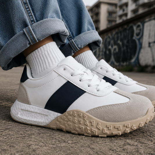 Zapatilla blanca urbana para mujer usada en look casual moderno