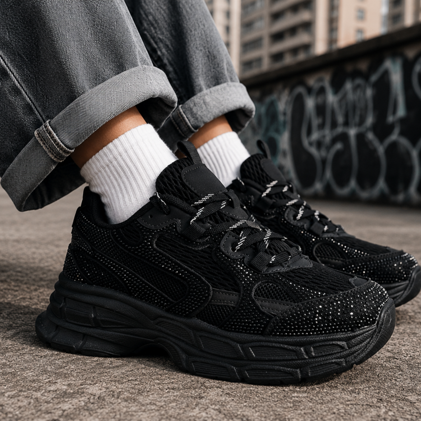 Zapatilla negra urbana para mujer con brillo usada en outfit moderno