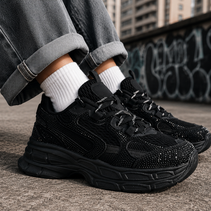 Zapatilla negra urbana para mujer con brillo usada en outfit moderno