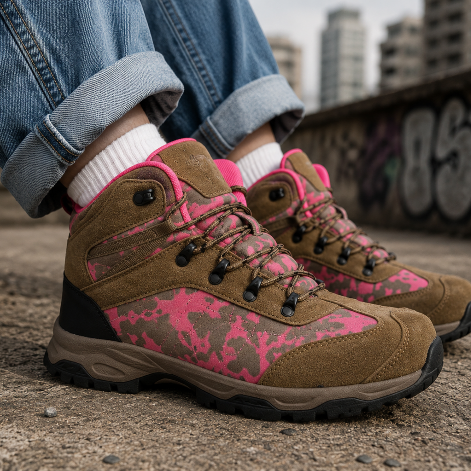 Zapatilla outdoor rosa para mujer usada en look deportivo urbano