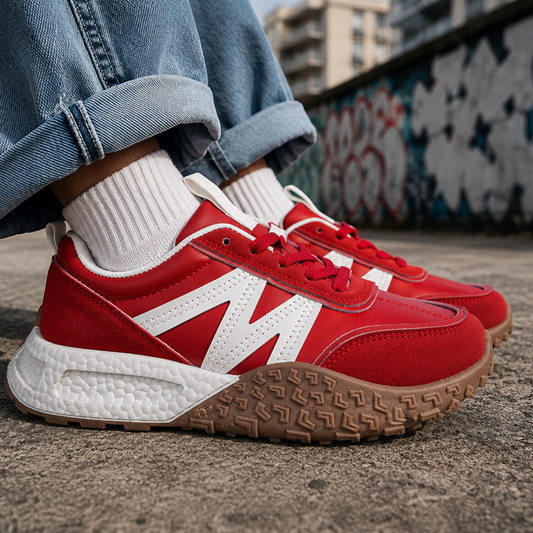 Zapatilla urbana roja para mujer usada en outfit casual moderno