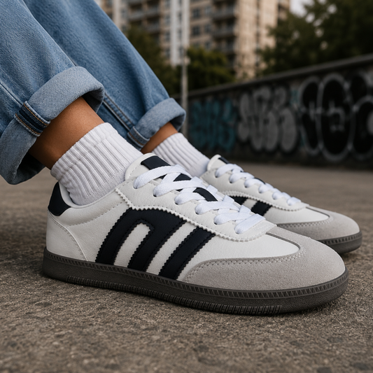 Zapatillas samba blancas para mujer usadas en look urbano casual