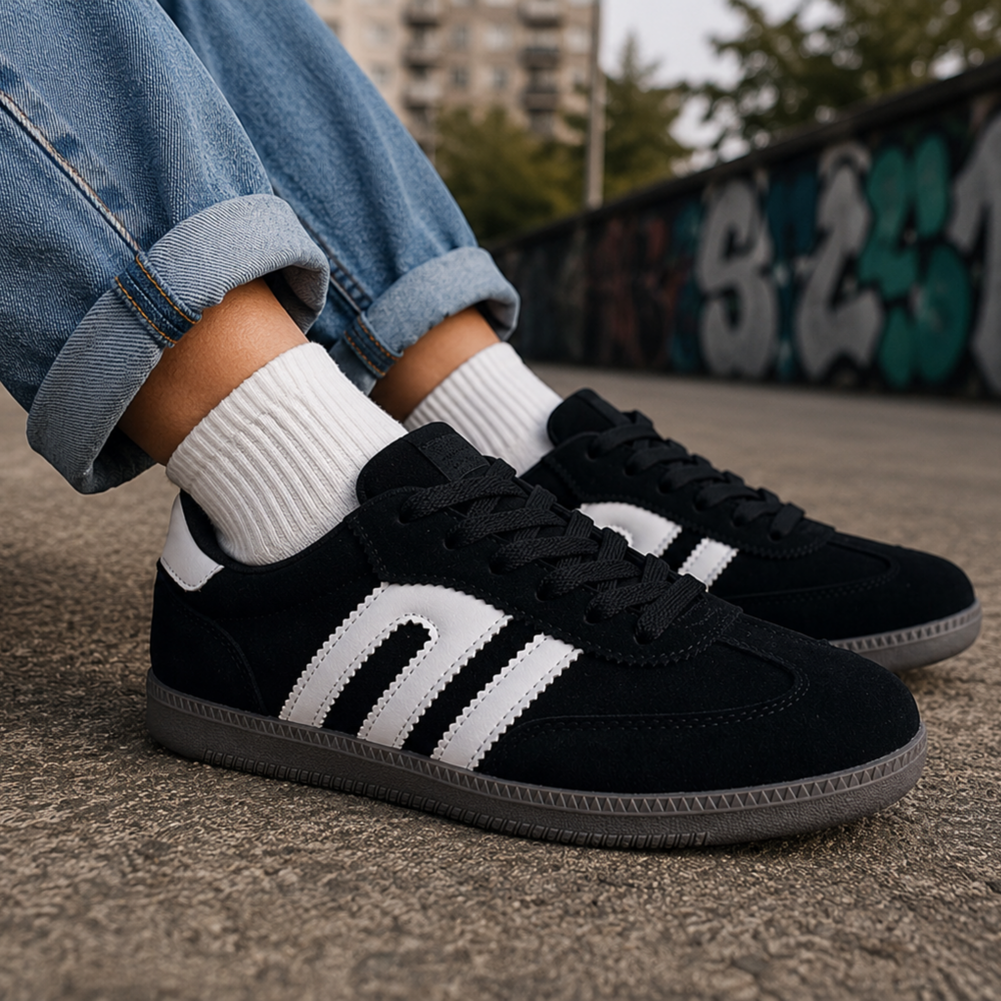 Zapatillas samba negras para mujer usadas en look urbano casual